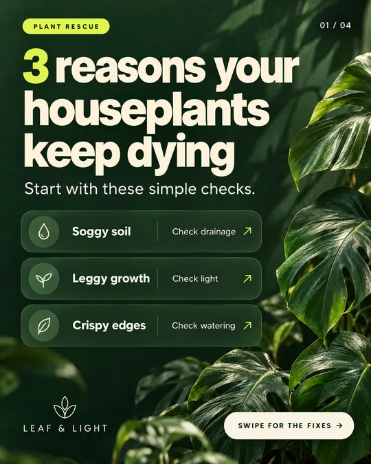 Example carousel cover: 3 reasons your houseplants keep dying, with checks for drainage, light and watering.